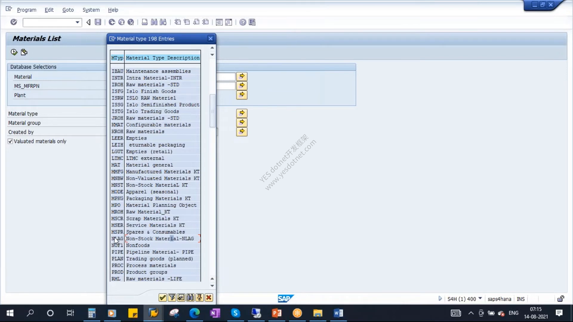 SAP GUI 物料类型列表中的 NLAG