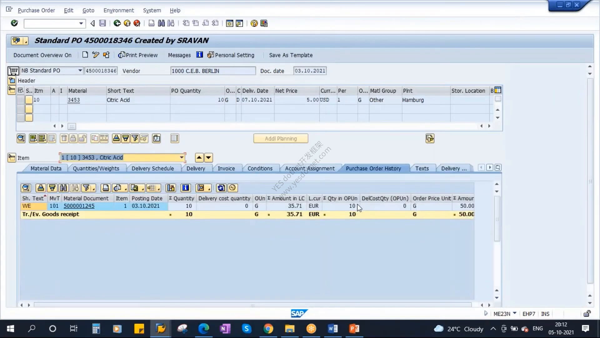 视频中的SAP ERP EHP7 IDES参考采购订单4500018346