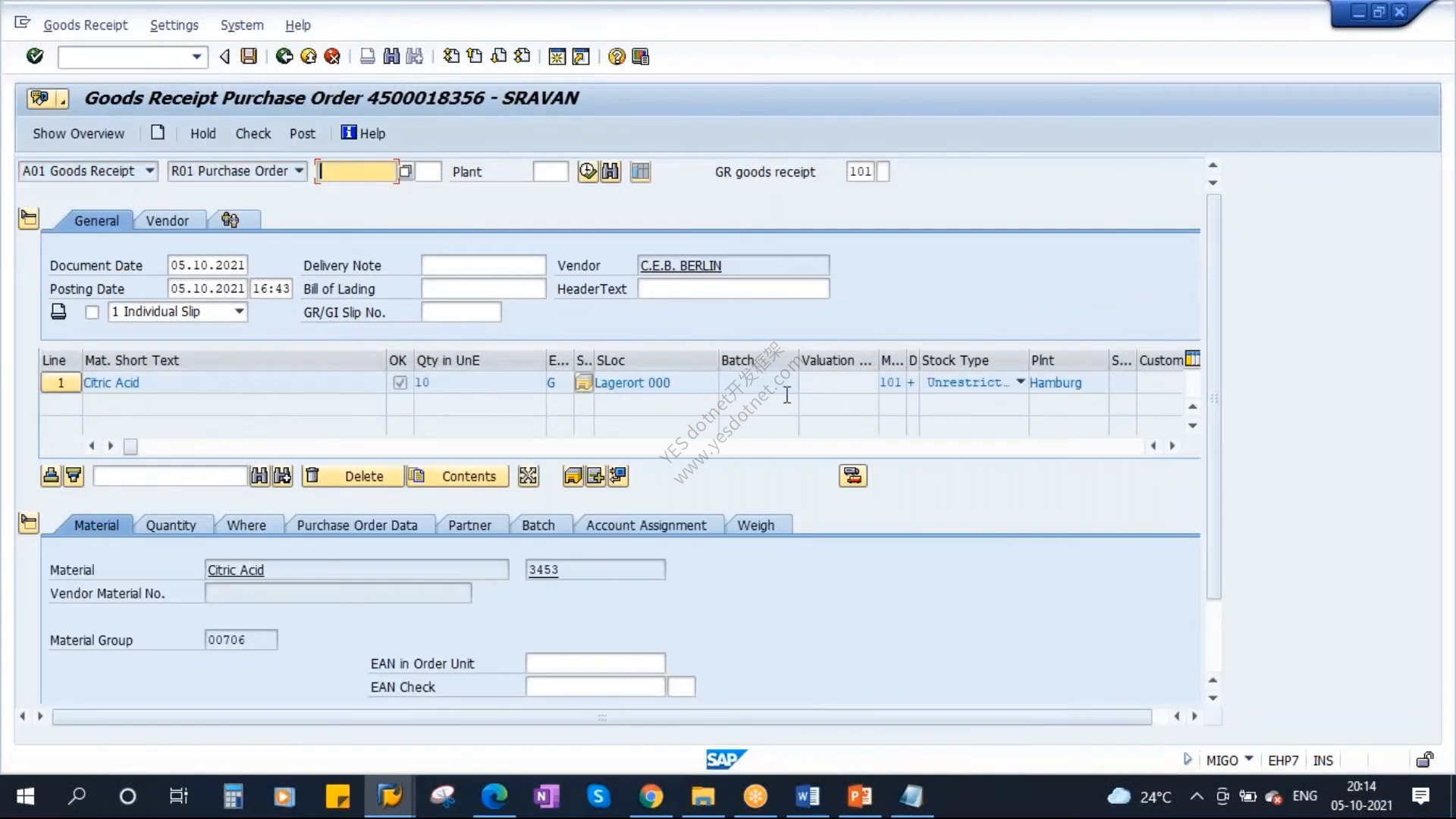 视频中的SAP ERP EHP7 IDES MIGO加载采购订单4500018356