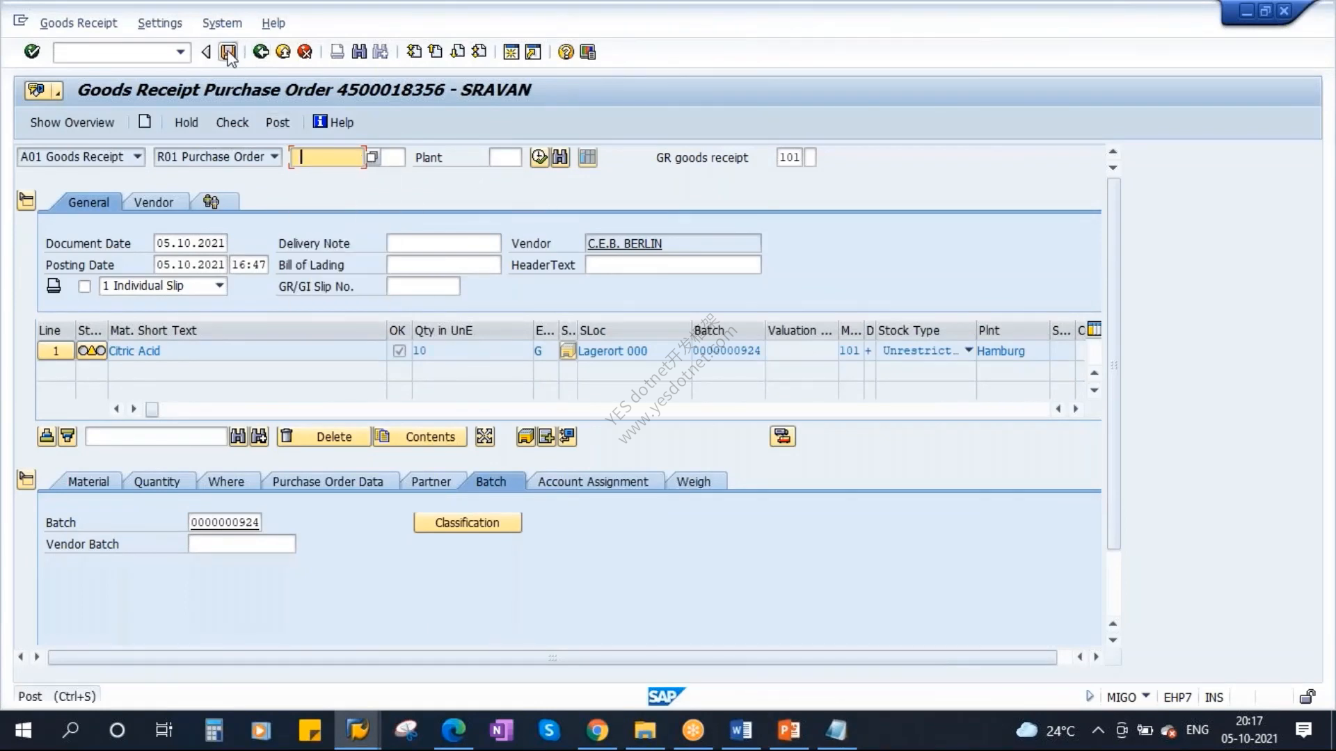 视频中的SAP ERP EHP7 IDES最终批次0000000924与101收货项目