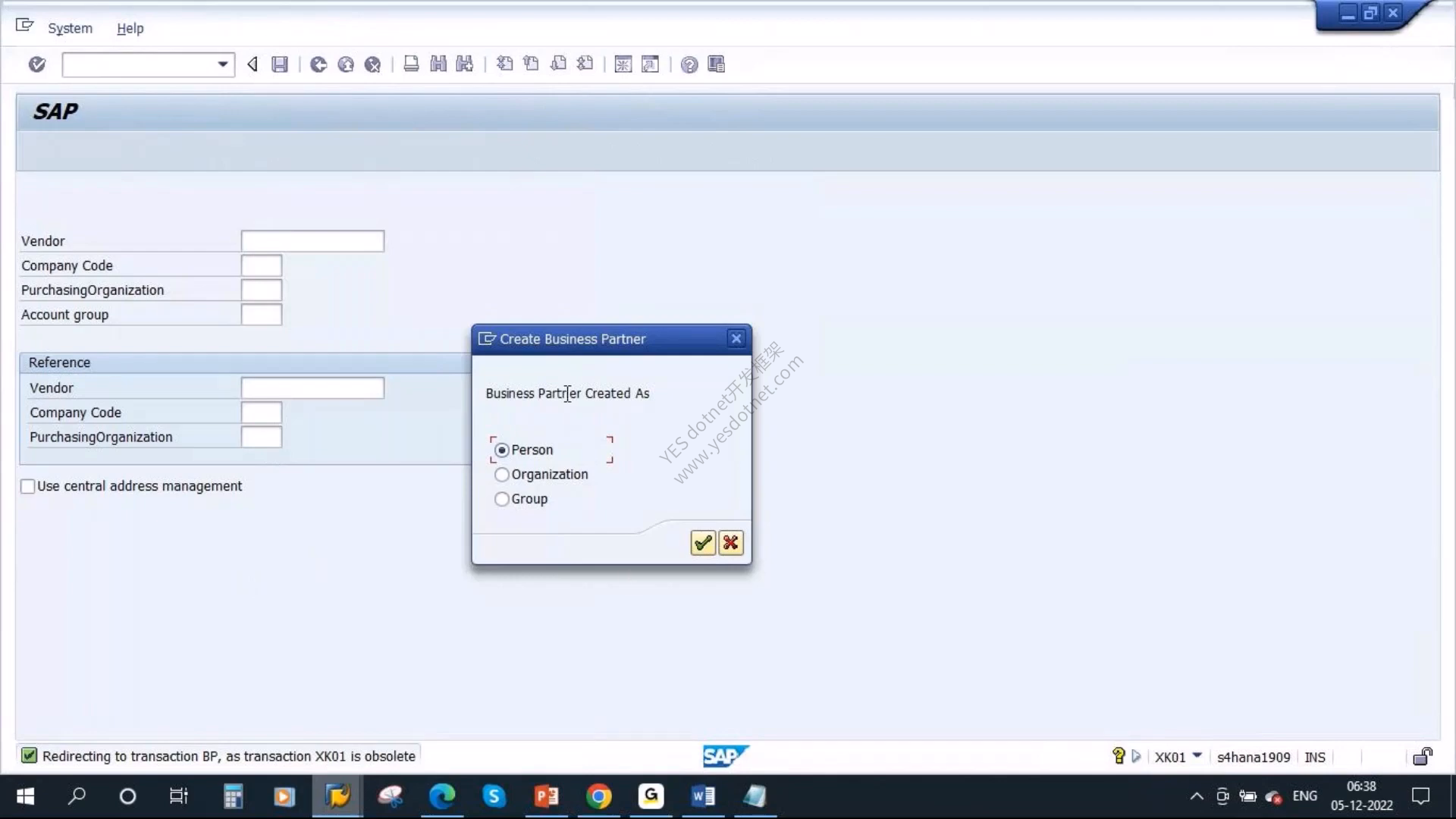 SAP GUI 中 XK01 重定向到 BP 并选择业务伙伴类别