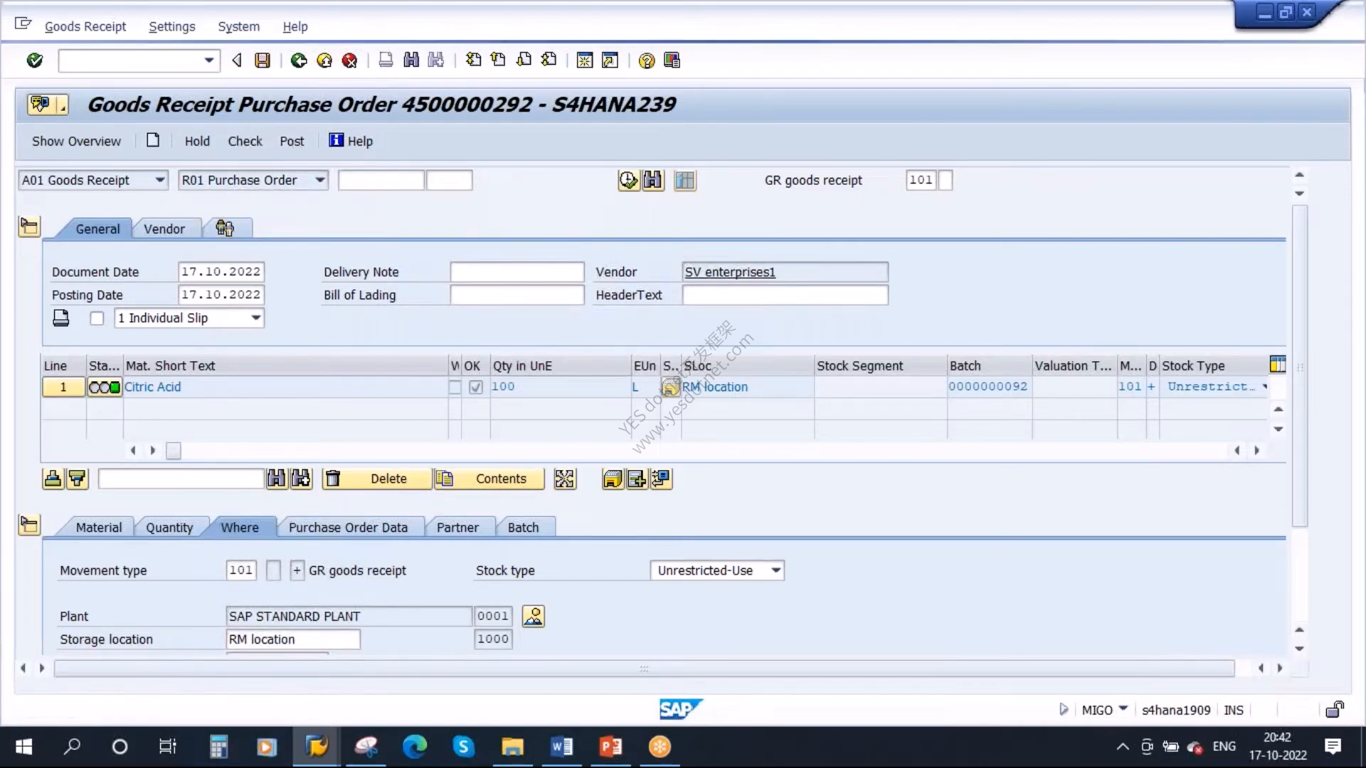 SAP GUI MIGO 101收货过账界面