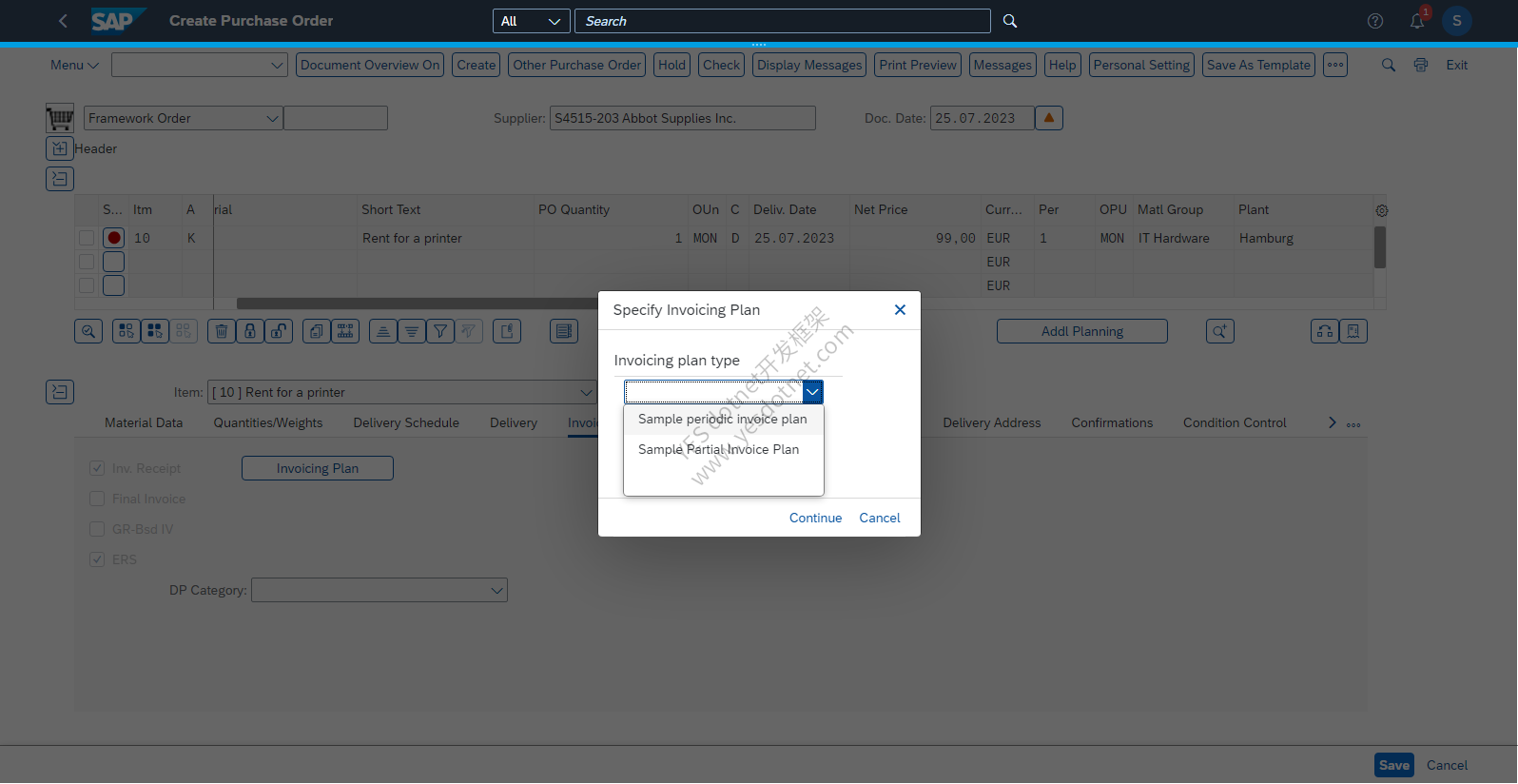SAP官方练习原图:Specify Invoicing Plan对话框