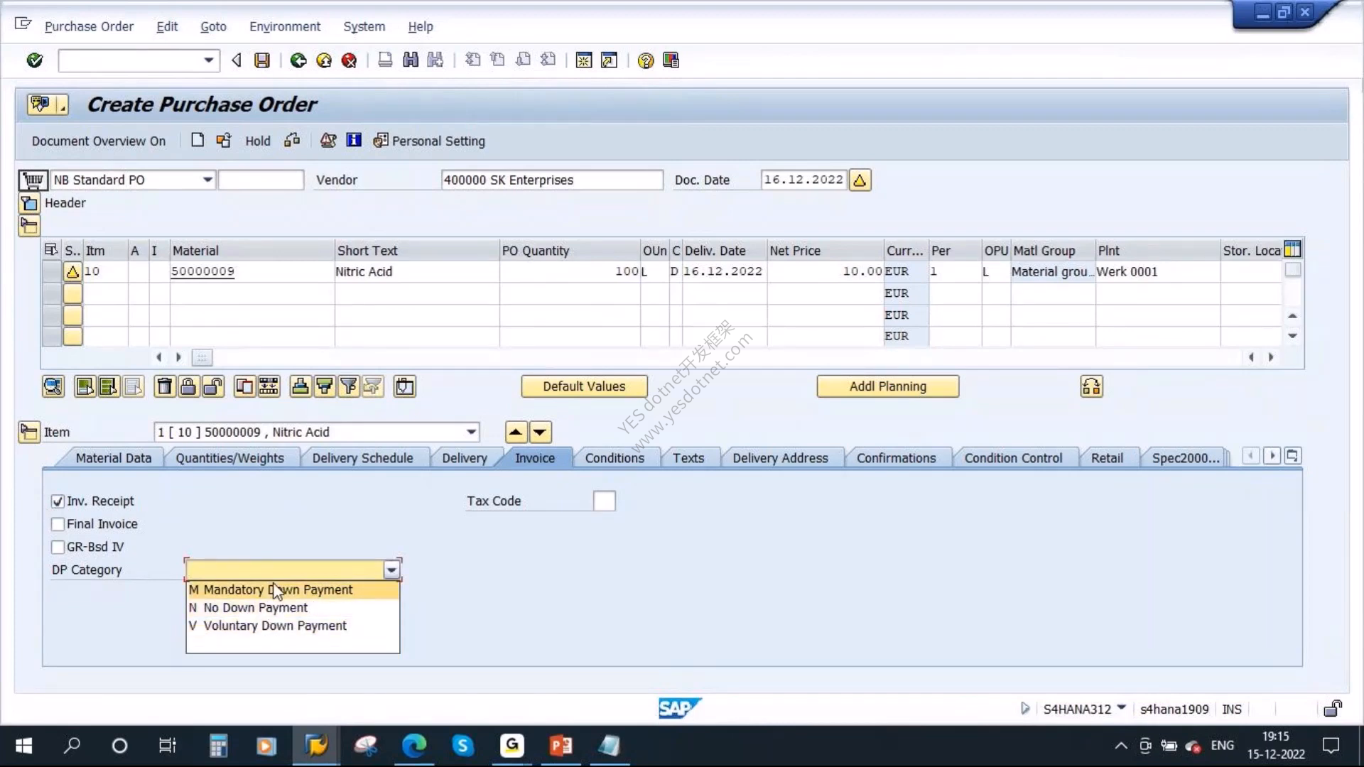 视频原始 SAP 帧:项目层预付款类别