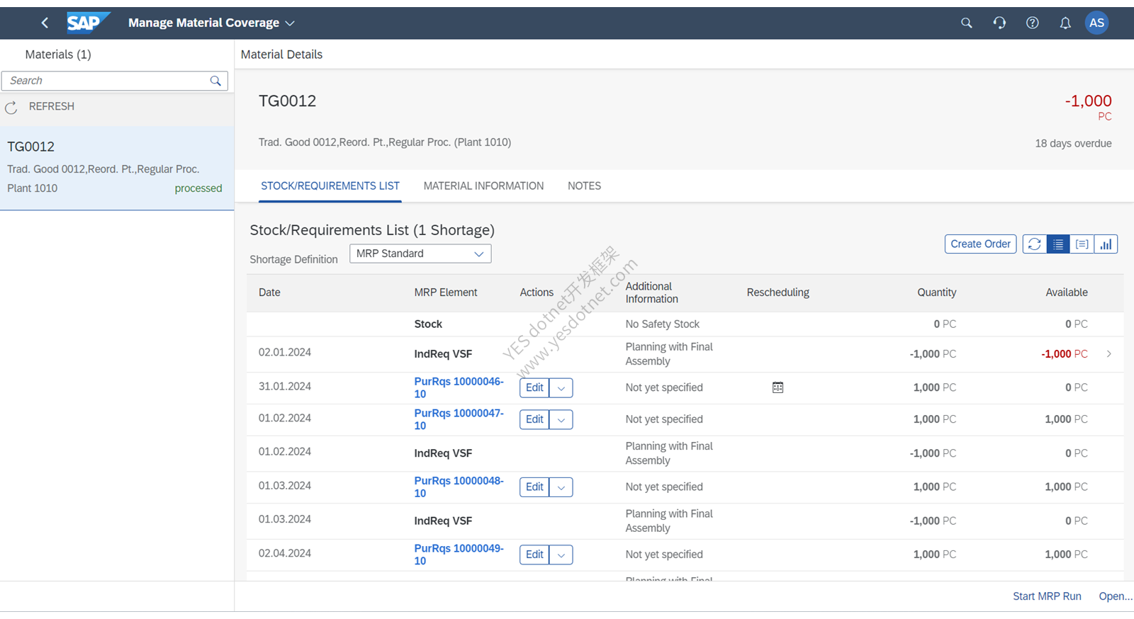 SAP Learning官方Manage Material Coverage界面原图