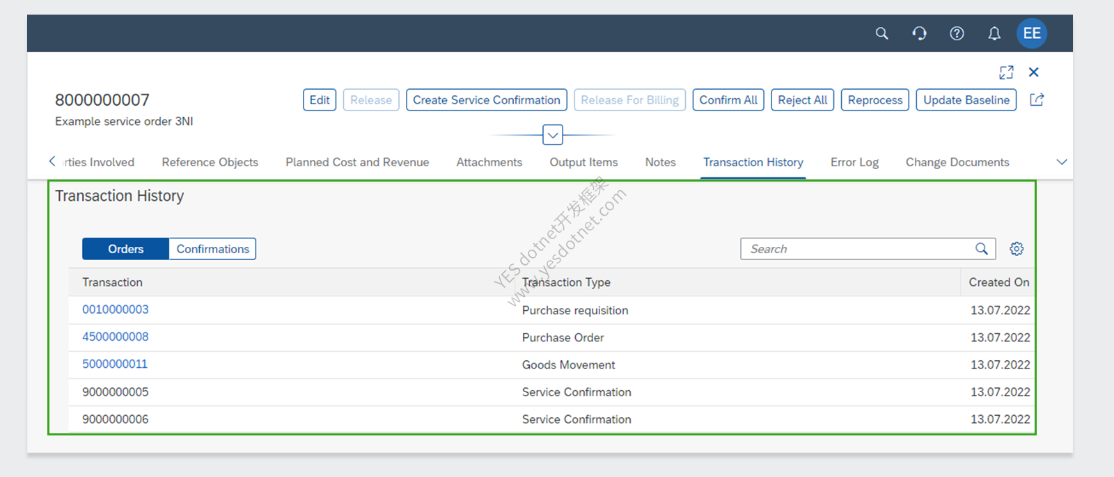 SAP Learning官方Service Transaction History界面