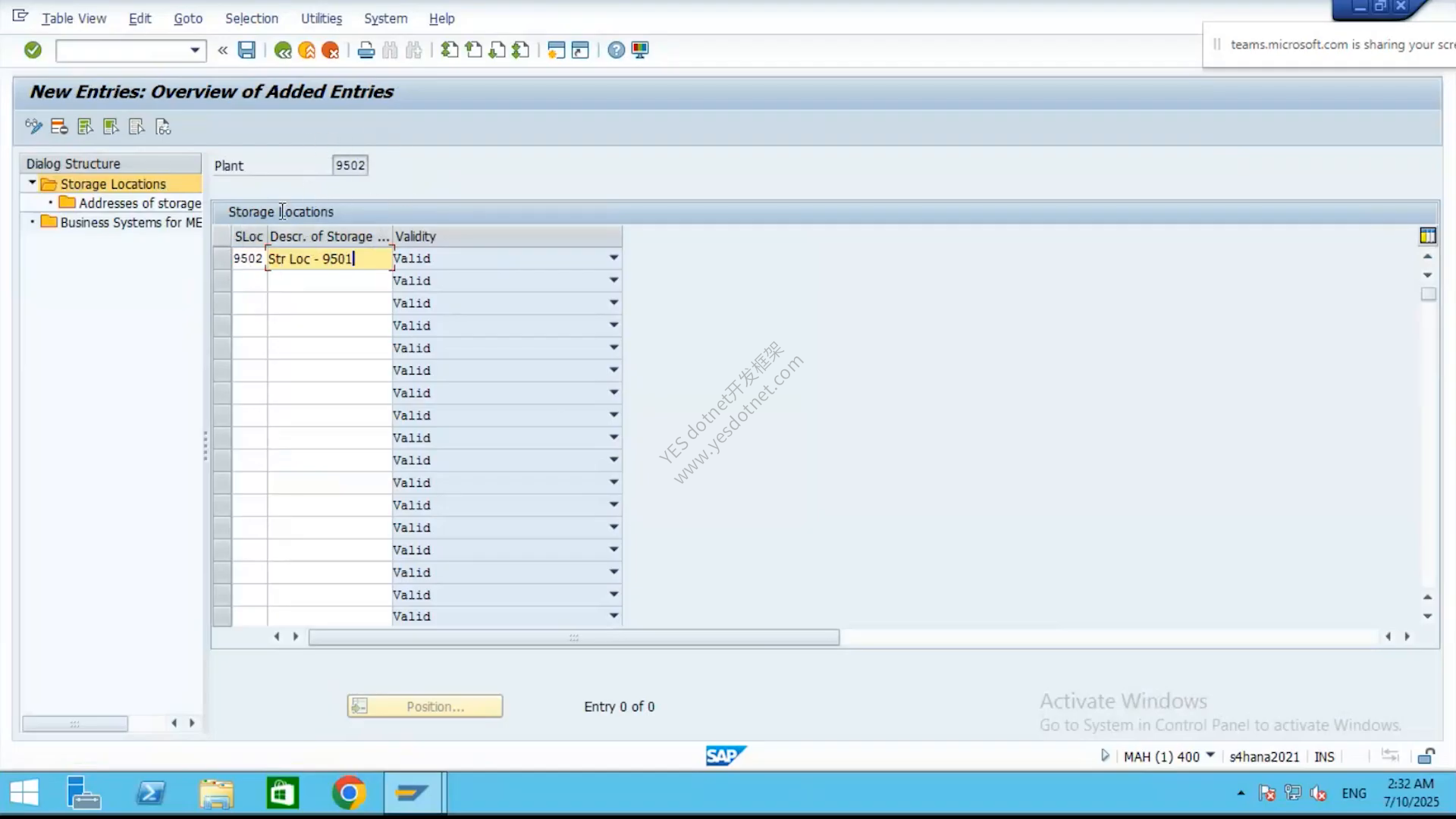 在工厂 9502 下维护库存地点的 SAP GUI 原始截图