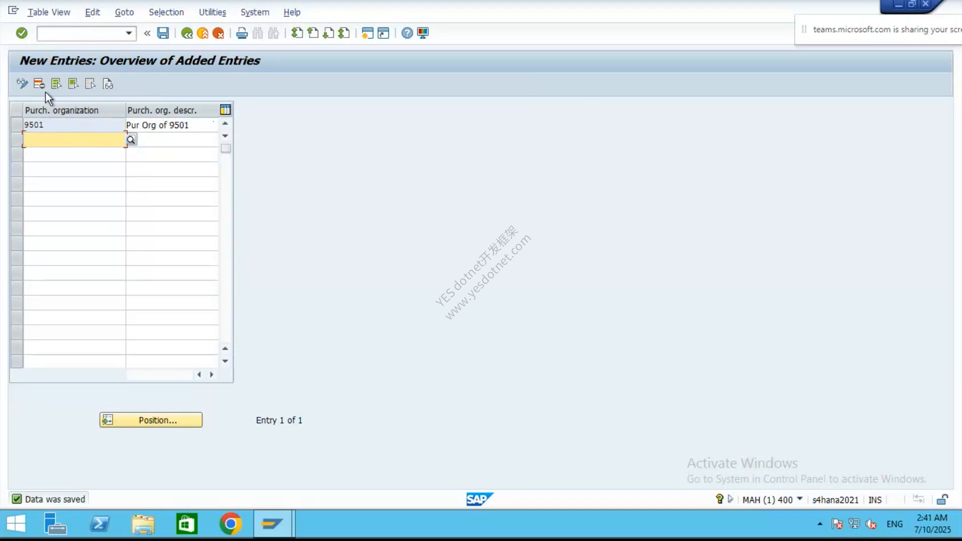 采购组织 9501 保存后的 SAP GUI 原始截图