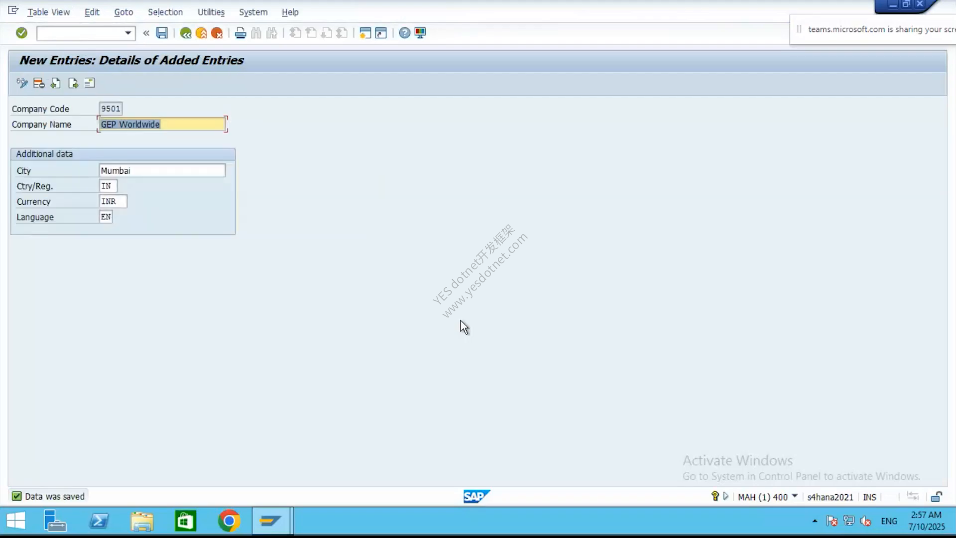 公司代码 9501 保存后的 SAP GUI 原始截图