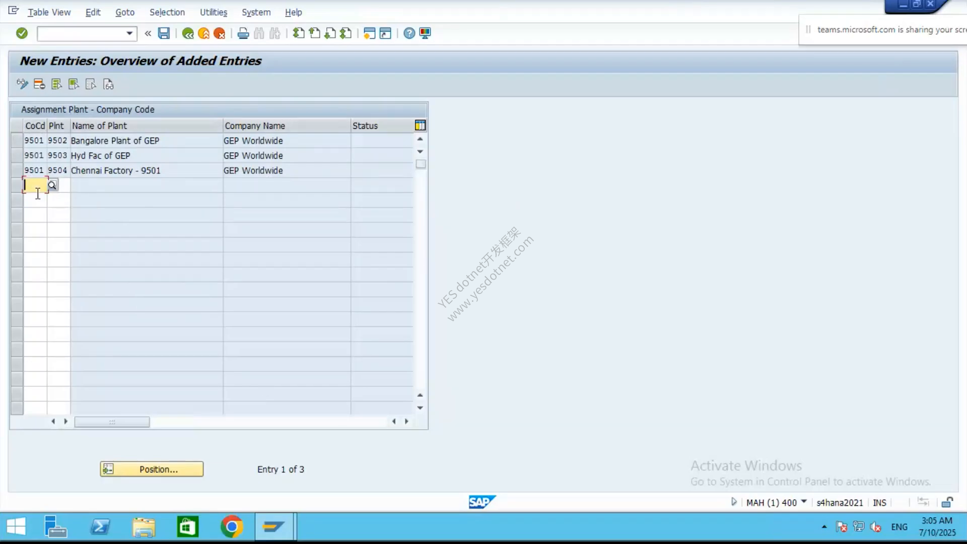 工厂 9502、9503、9504 分配给公司代码 9501 的 SAP GUI 原始截图