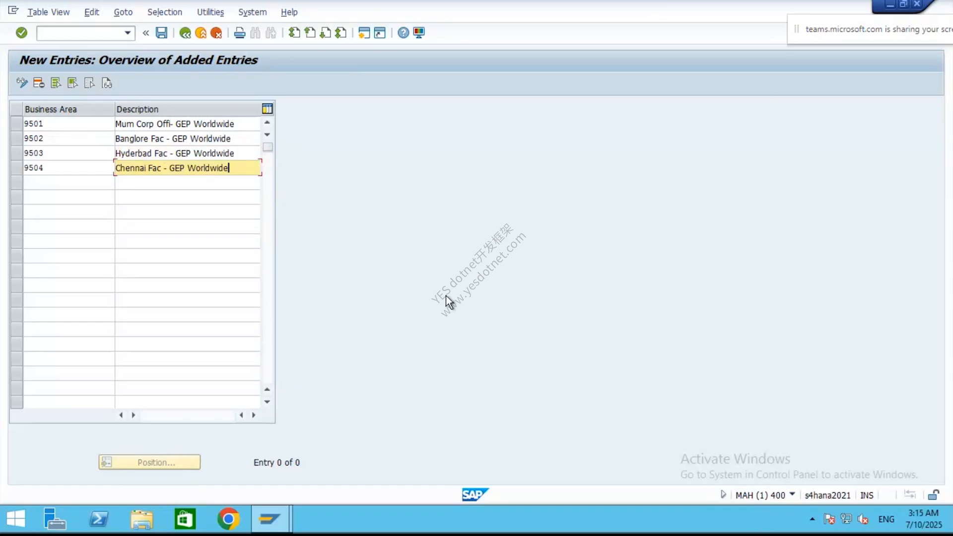 业务范围 9501 至 9504 的 SAP GUI 原始截图