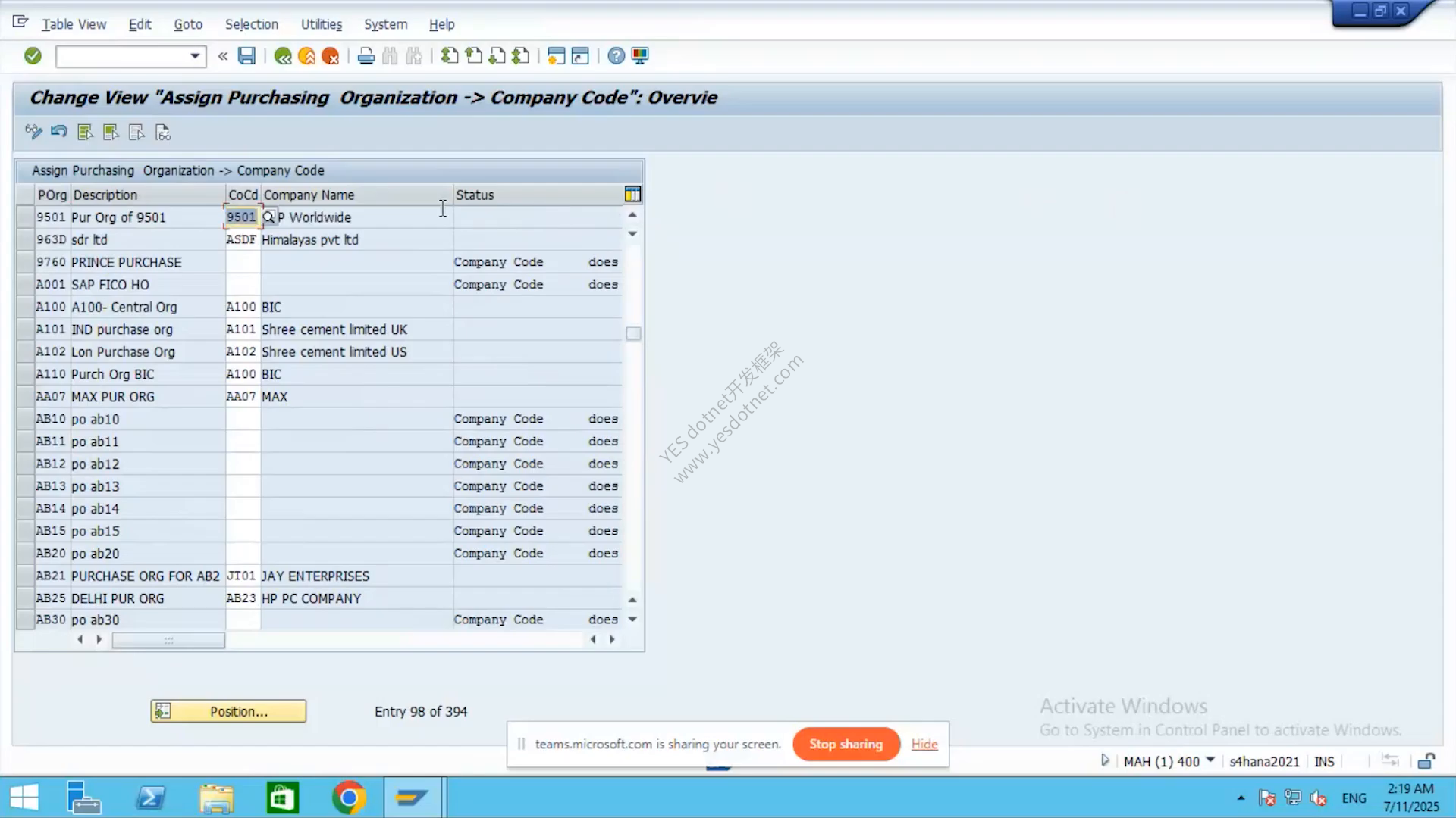 把采购组织 9501 分配给公司代码 9501(视频 08:20,SAP GUI 原始画面)