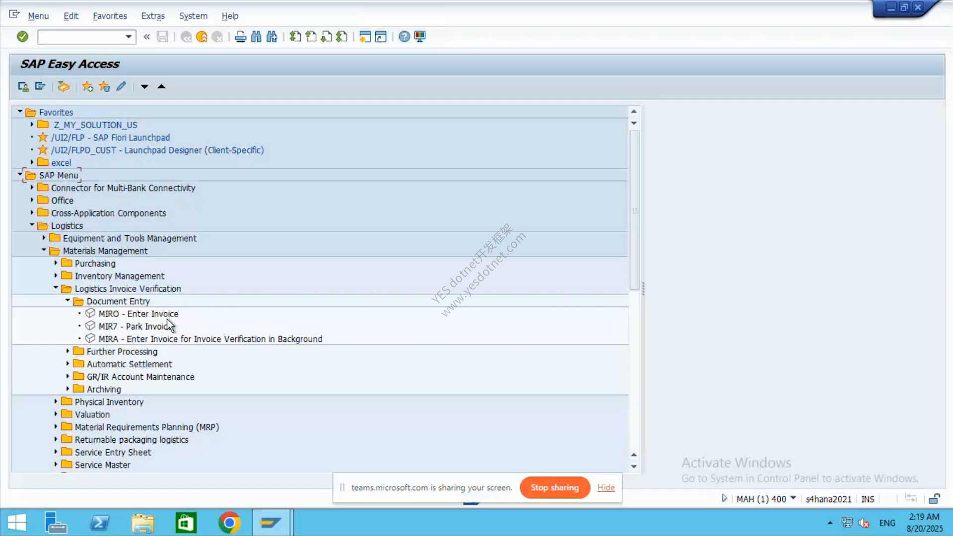 SAP Easy Access 中的 MIRO 菜单路径