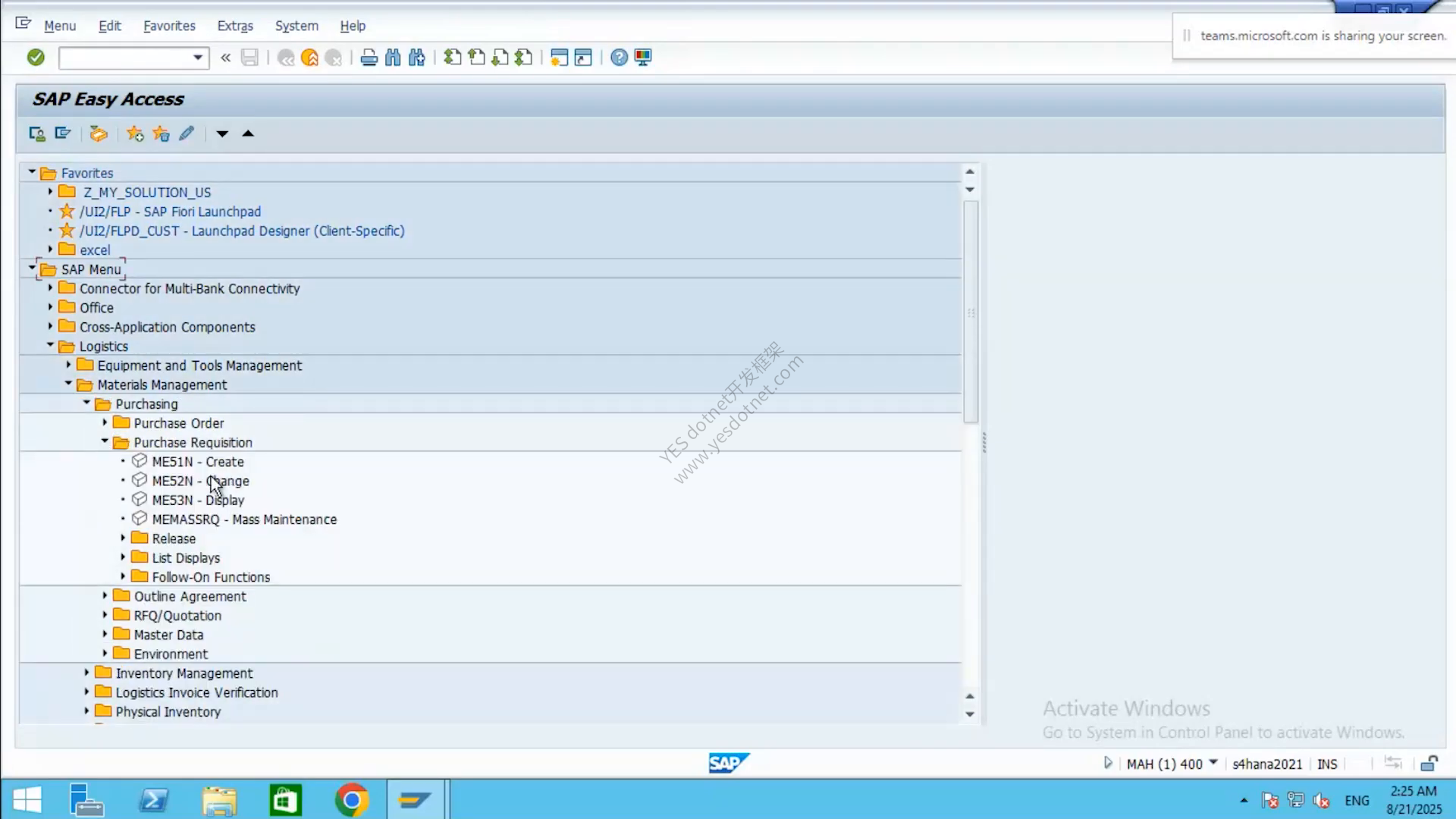 SAP Easy Access 中的采购申请事务