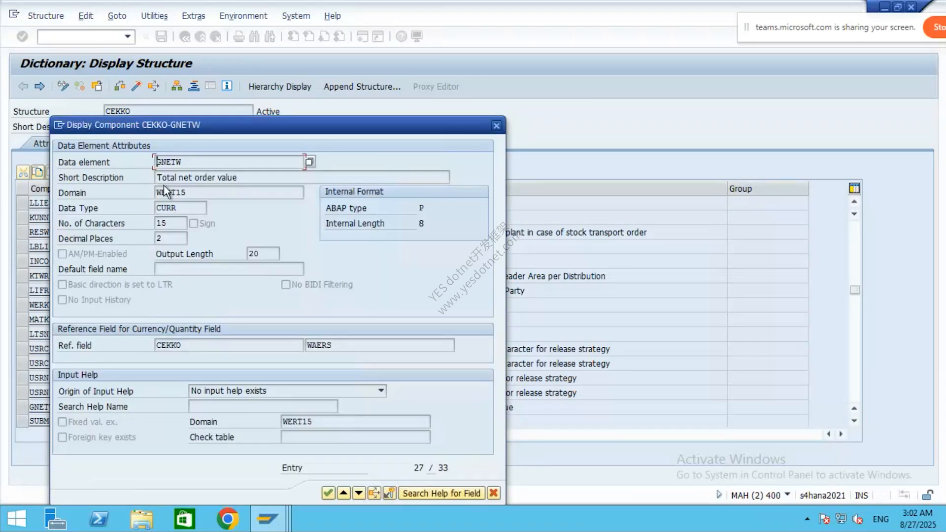 ABAP Dictionary 中 CEKKO-GNETW 的总净订单金额定义