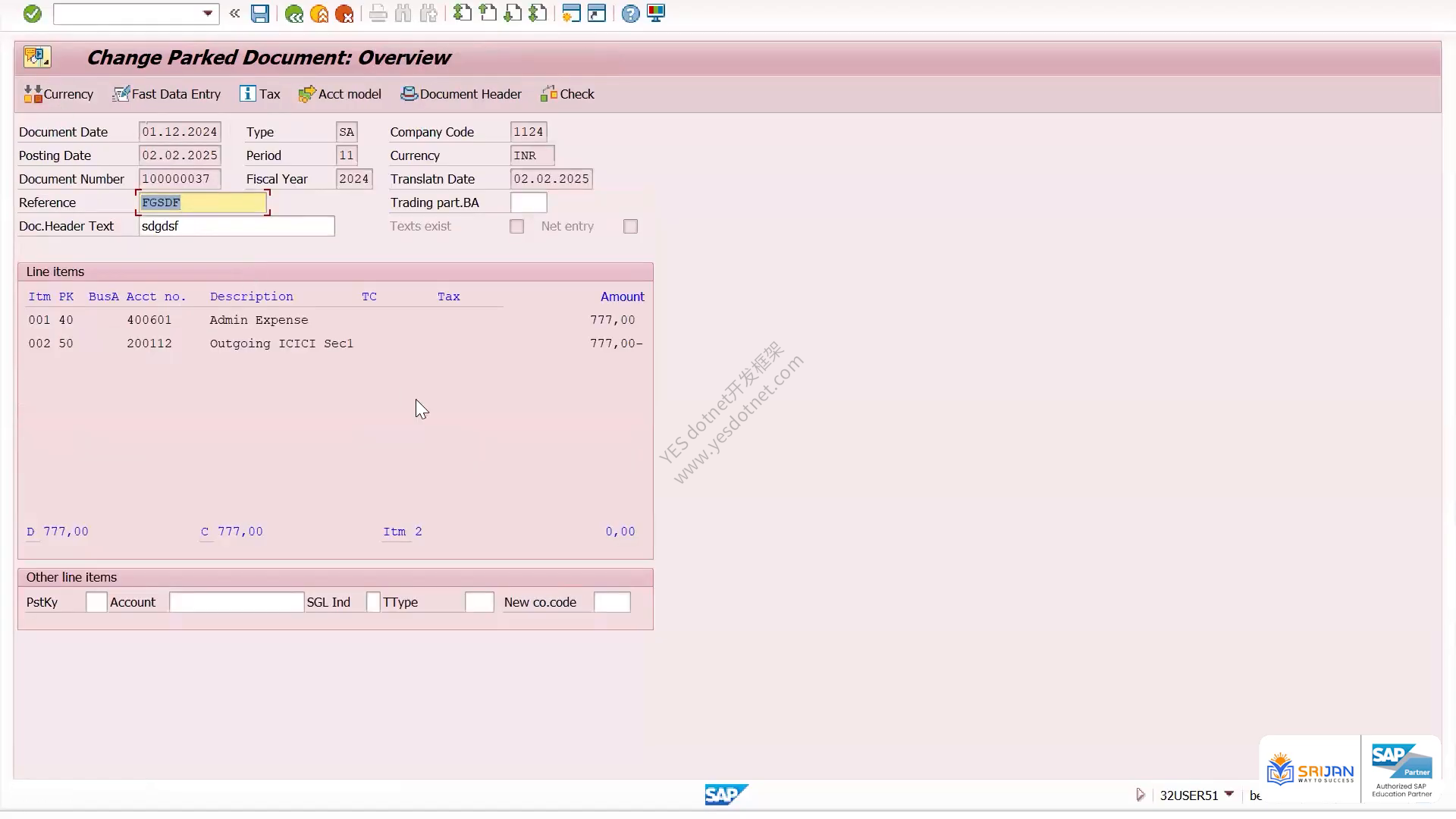 FBV2中修改暂存凭证的抬头和借贷行项目