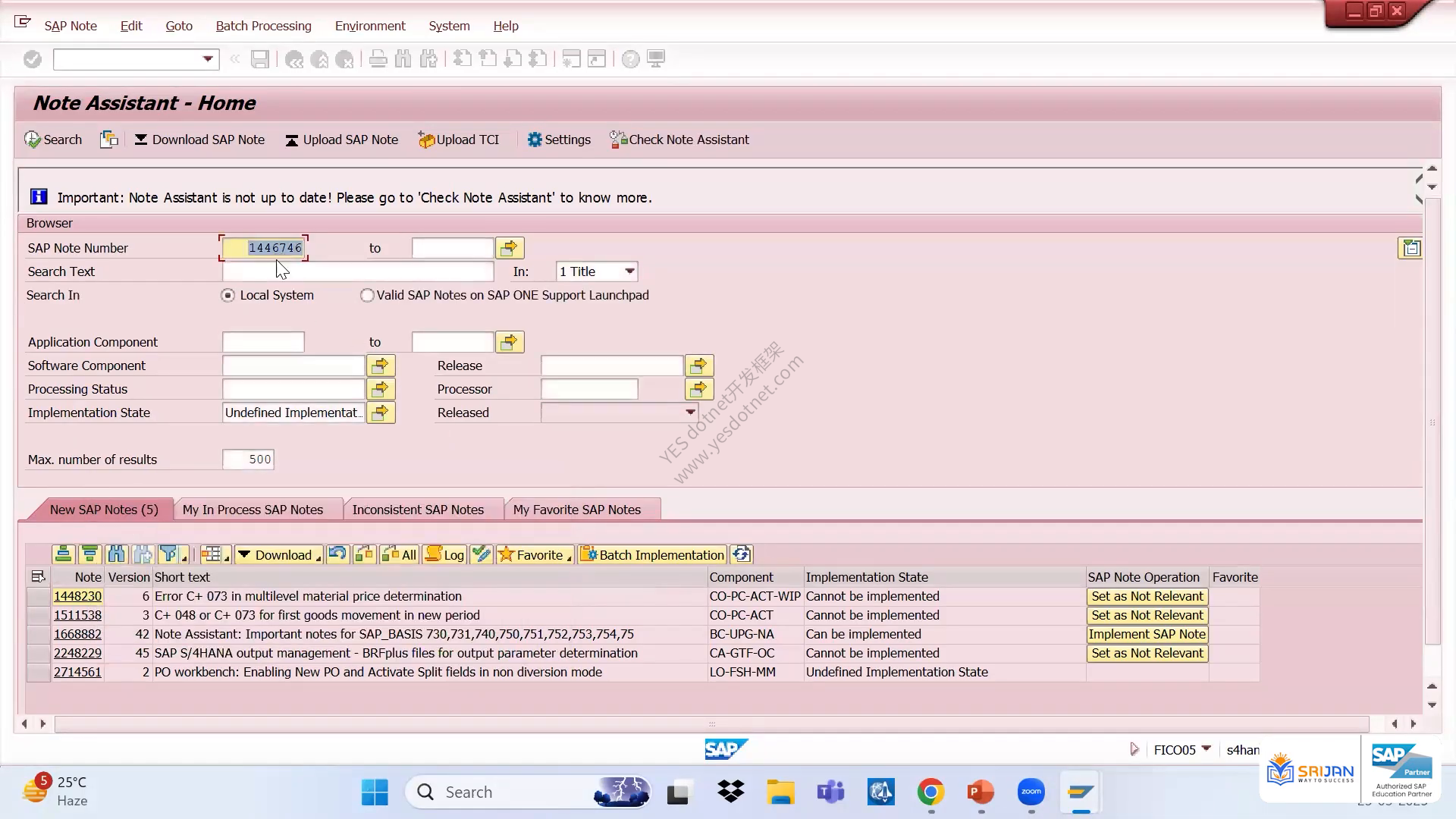在 SNOTE 中按号码搜索 SAP Note